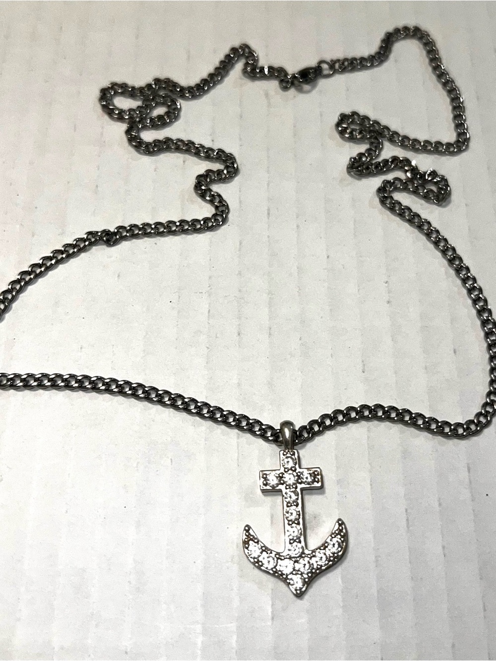 Rhinestone Anchor Pendant Necklace - Silver Tone